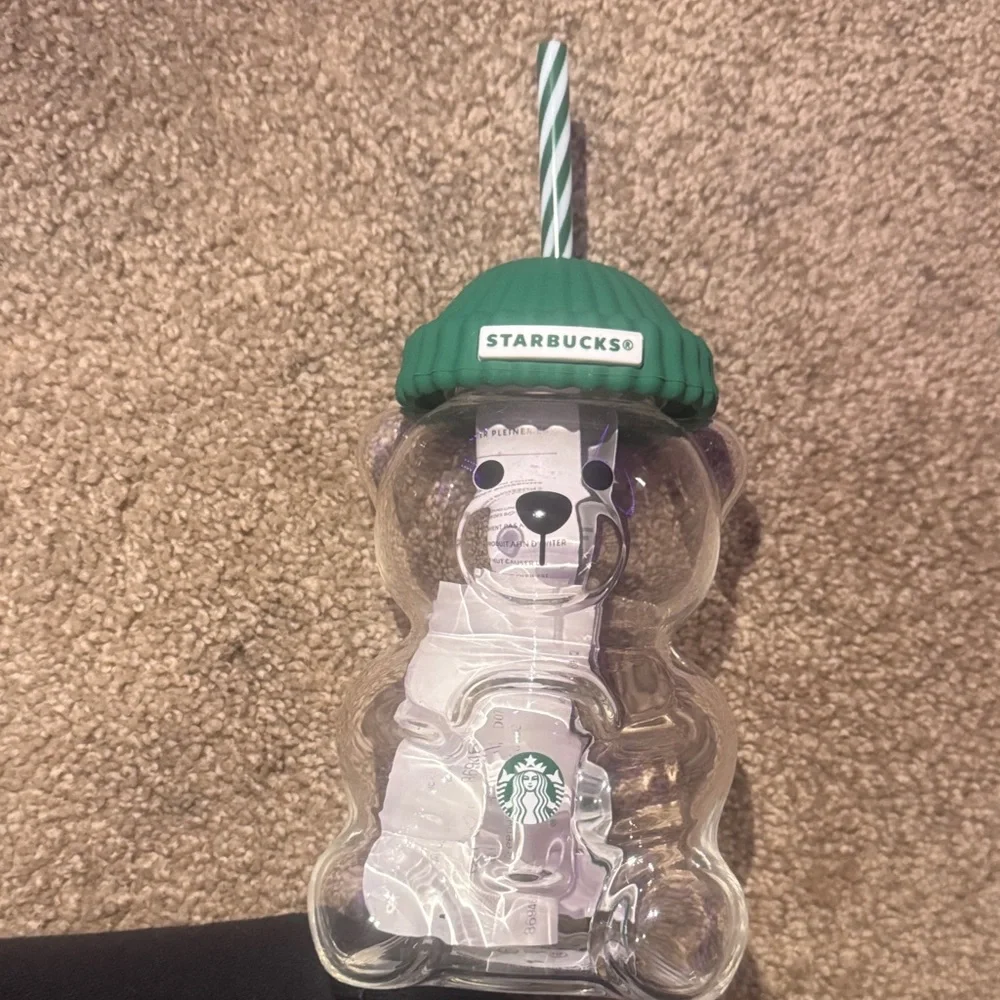 Starbucks Clear Bear Tumbler with Green Beanie Lid and Striped Straw